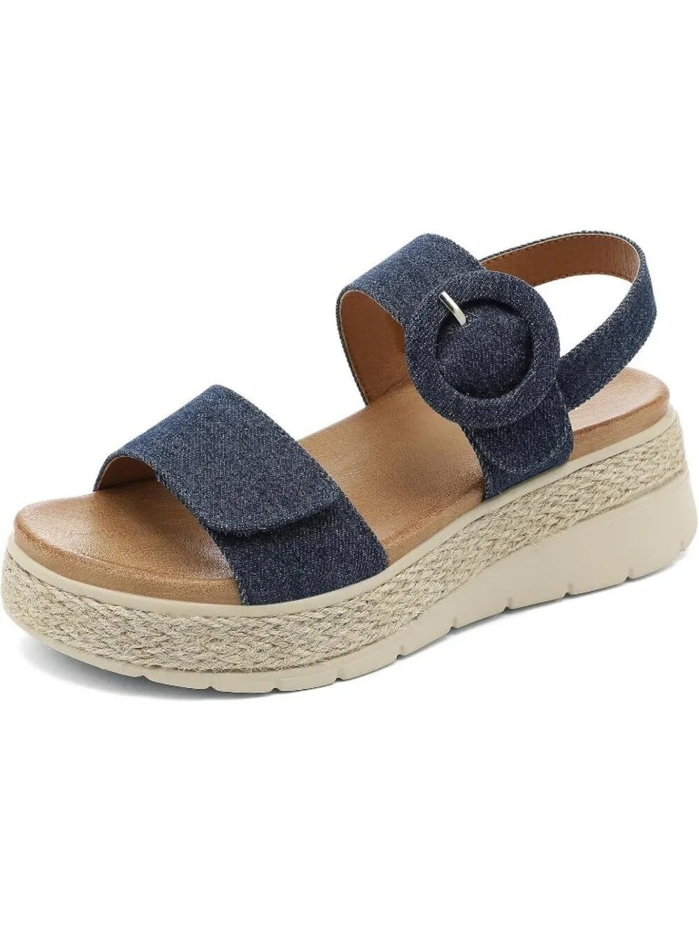 Women's Navy Denim Comfortable Espadrille Low Wedge Heel Platform Sandal Shoes